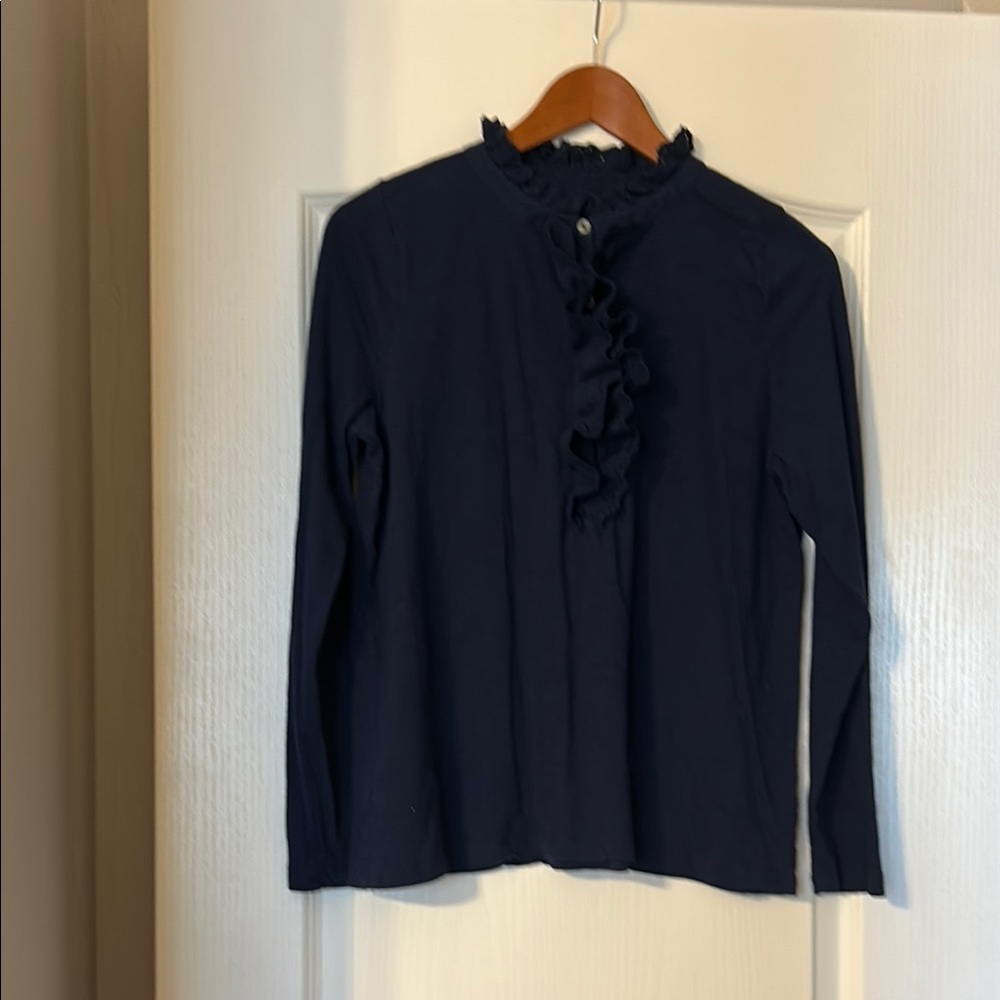 LOFT Navy Knit Ruffle Blouse